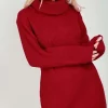 Coupon 🧨 Oops Fashion Long Sleeve Roll Neck Knitted 👗 Dress In Wine ❤️