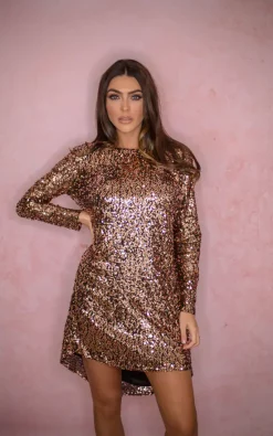 Outlet 🔔 Rag & Doll Erin Cowl Back Sequin Smock 👗 Dress Rose Gold 👍