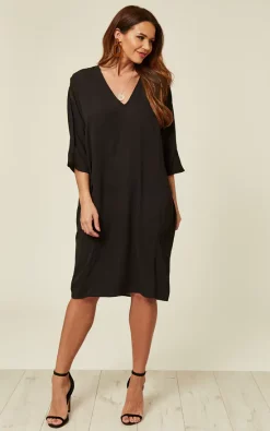 Deals ✨ DIVINE GRACE Black Relaxed Fit Split Sleeve Midi 👗 Dress 🧨