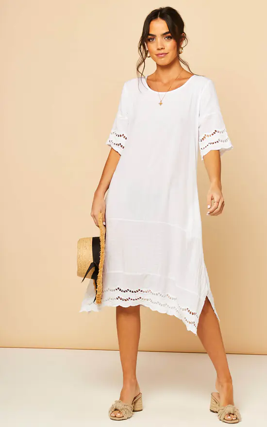 Coupon ๐ Bella And Blue Midi ๐ Dress With Broderie Detail In White โจ
