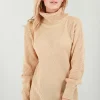 Cheap 🥰 Oops Fashion Long Sleeve Roll Neck Knitted 👗 Dress In Stone 🤩