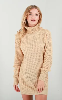 Cheap 🥰 Oops Fashion Long Sleeve Roll Neck Knitted 👗 Dress In Stone 🤩