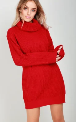 Buy 😉 Oops Fashion Long Sleeve Roll Neck Knitted 👗 Dress In Red 😍