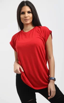 Outlet 👏 Oops Fashion Roll Sleeve Oversized Jersey T 👚 Shirt In Red 🔔