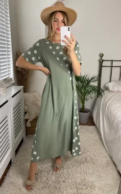 Cheapest 🎉 Bella And Blue Maxi Oversized T 👚 Shirt 👗 Dress In Khaki Polka Dot 🛒