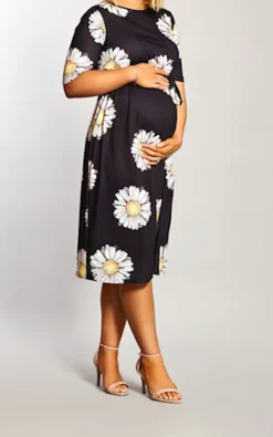 Buy 🎉 Want That Trend Maternity Maternity Black Daisy Printed Belted Midi 👗 Dress ❤️