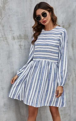Wholesale 🥰 FS Collection Blue Stripe Print Long Sleeve Smock 👗 Dress In White 🧨