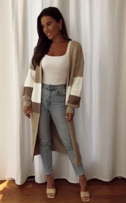 Budget 😍 Girl In Mind Cara Panelled Longline Cardigan Beige 😉