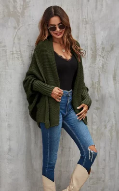 Cheap ⭐ FS Collection Chunky Pleat Oversized Cardigan In Dark Olive ✨