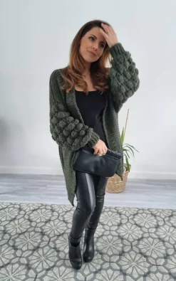 Buy ❤️ Love Dieppe Knit Cardigan With Chunky Square Bobble Sleeve Detail In Khaki 💯