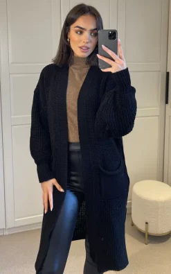 Outlet 🔥 SIGNAGE Oversized Black Knit Longline Cardigan With Pockets And Balloon Sleeves ❤️
