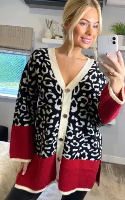 Promo ✔️ CY Boutique Leopard Pattern Design Oversized Cardigan With Red Hem 😀