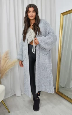Hot Sale 🥰 IKRUSH Piper Longline Balloon Sleeve Knitted Cardigan In Grey ✨