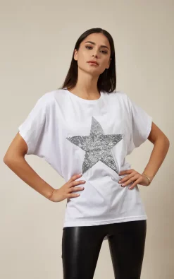 Promo 💯 HOXTON GAL Sequin Star Top Relaxed Fit In White 😉
