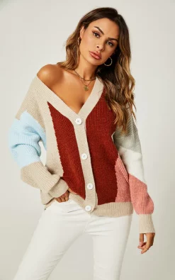 Best reviews of 👍 FS Collection Block Colour Relaxed Knit Cardigan Top In Beige & Blue & Wine & White & Peach 🎉