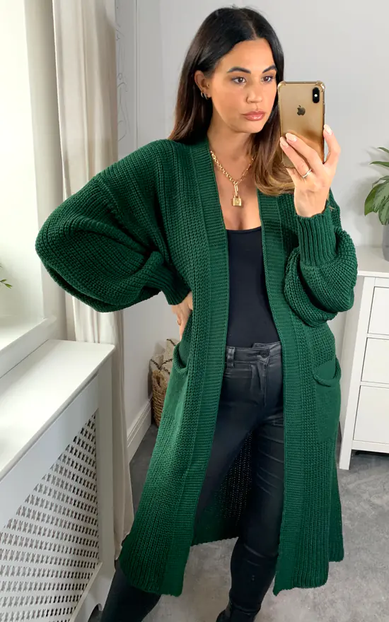 New 🎉 HOXTON GAL Oversized Long Sleeves Midi Knitted Cardigan With Pocket Details In Dark Green 🥰