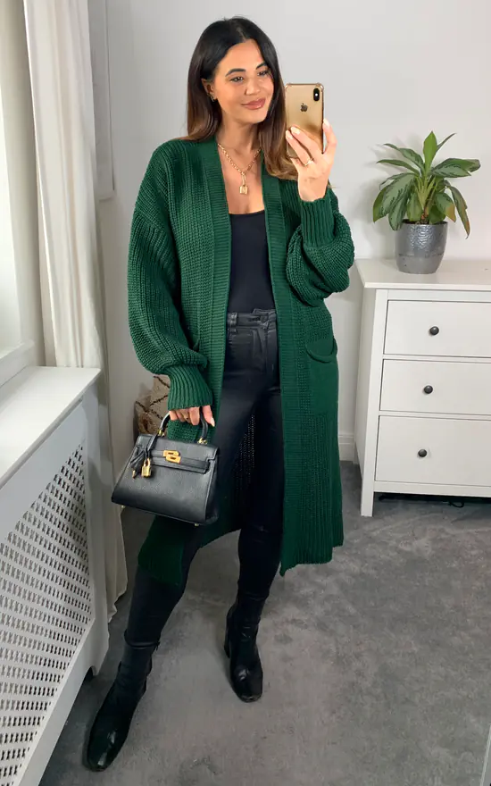 New 🎉 HOXTON GAL Oversized Long Sleeves Midi Knitted Cardigan With Pocket Details In Dark Green 🥰 - Image 2