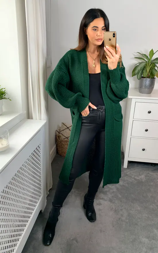 New 🎉 HOXTON GAL Oversized Long Sleeves Midi Knitted Cardigan With Pocket Details In Dark Green 🥰 - Image 3