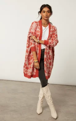 Deals 🤩 Religion Longline Fame Cardigan In Burnt Orange Leopard Spot Jacquard 🎉