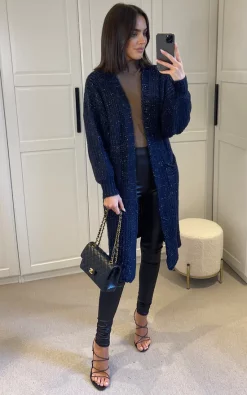 Cheap 🧨 SIGNAGE Oversized Navy Lurex Knit Longline Cardigan With Pockets And Balloon Sleeves ⭐