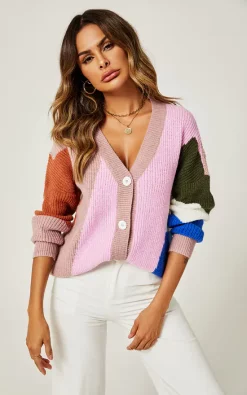 Budget 🛒 FS Collection Multi Block Colour Relaxed Knit Cardigan Top In Pink & Blue 🔔