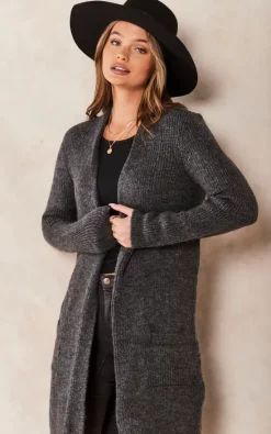 Outlet 👏 ONLY Longline Ribbed Cardigan With Pockets In Dark Grey 😉