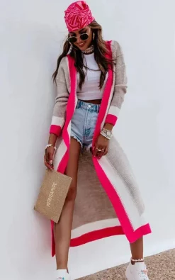 Cheapest 😍 IKRUSH Marlowe Beige Maxi Cardigan With Border Details In Pink 😉