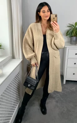 Deals 🥰 HOXTON GAL Oversized Long Sleeves Midi Knitted Cardigan With Pocket Details In Beige ❤️