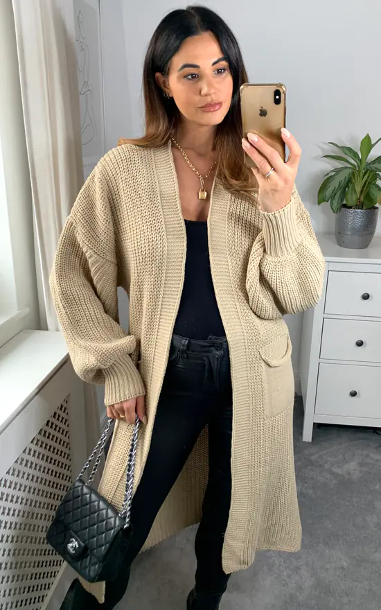 Deals π₯° HOXTON GAL Oversized Long Sleeves Midi Knitted Cardigan With Pocket Details In Beige β€οΈ - Image 2