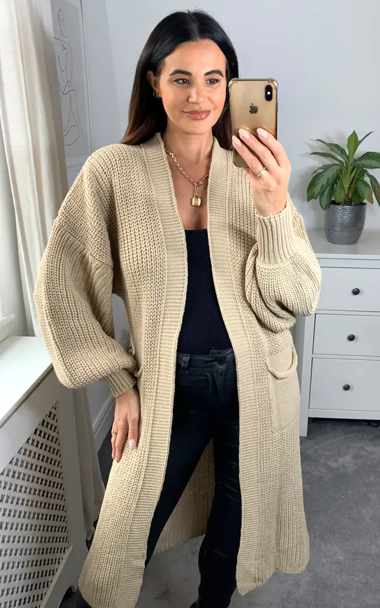 Deals π₯° HOXTON GAL Oversized Long Sleeves Midi Knitted Cardigan With Pocket Details In Beige β€οΈ - Image 3