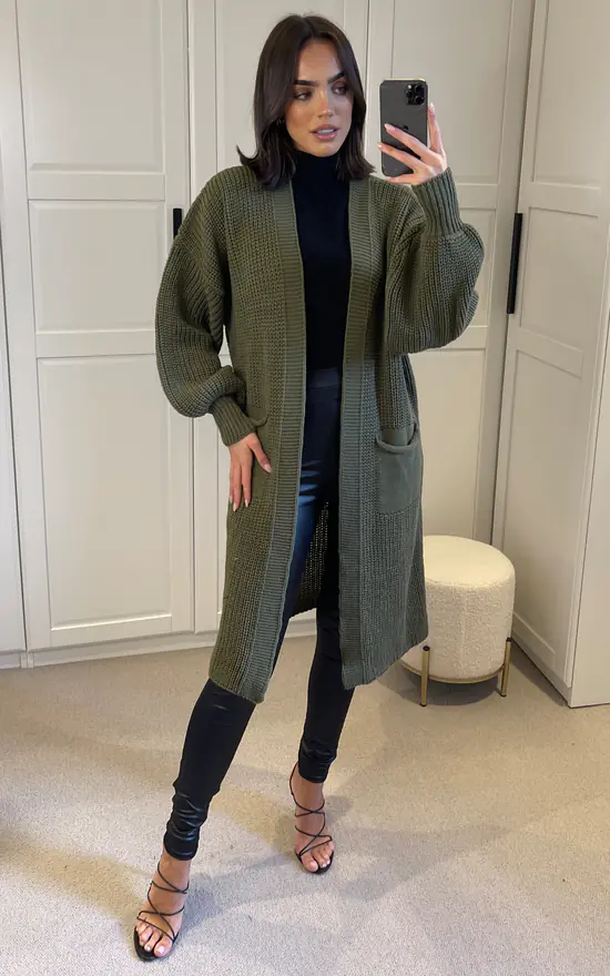 Wholesale 😉 SIGNAGE Oversized Khaki Green Knit Longline Cardigan With Pockets And Balloon Sleeves 👏