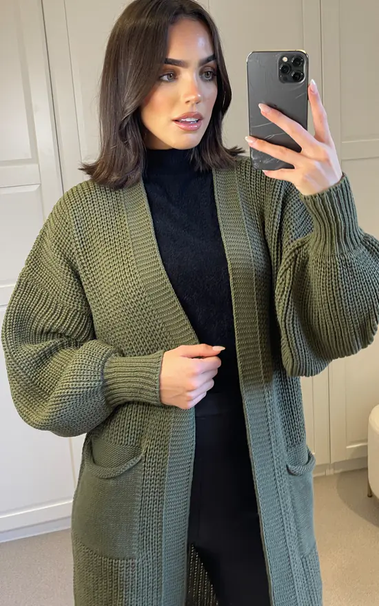 Wholesale 😉 SIGNAGE Oversized Khaki Green Knit Longline Cardigan With Pockets And Balloon Sleeves 👏 - Image 2