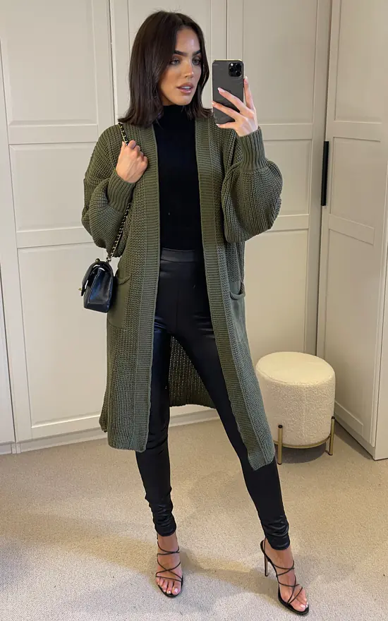 Wholesale 😉 SIGNAGE Oversized Khaki Green Knit Longline Cardigan With Pockets And Balloon Sleeves 👏 - Image 3