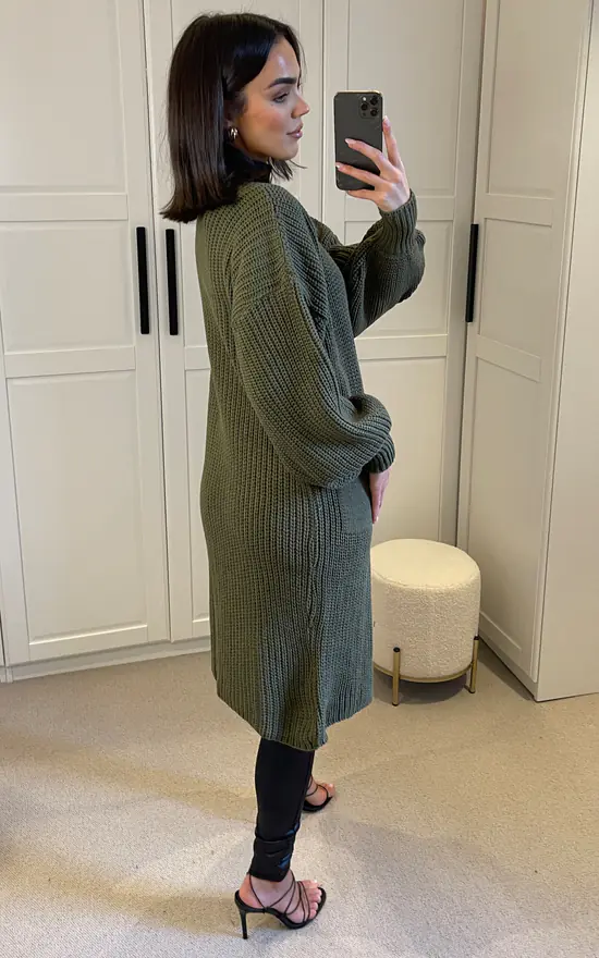 Wholesale 😉 SIGNAGE Oversized Khaki Green Knit Longline Cardigan With Pockets And Balloon Sleeves 👏 - Image 4