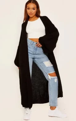 Buy ⌛ De La Creme Fashions Black Balloon Sleeve Knitted Open Front Long Cardigan 💯