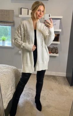 Discount ❤️ CY Boutique Sequin Embellished Shoulder And Front Soft Knit Cardigan In White 😉