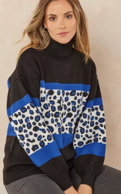 Cheap 🛒 Jenerique High Neck Oversize Leopard Jumper In Blue Leopard 🔥