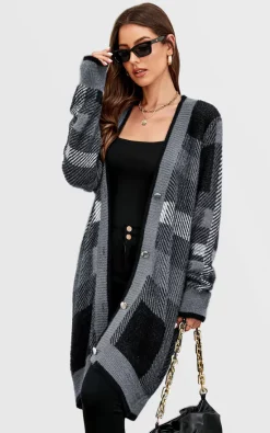 Budget ⭐ FS Collection Relaxed Check Cozy Soft Cardigan In Grey 🎁