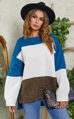 Best deal 👍 FS Collection Oversized Brown & White Block Colour Top In Blue 🧨