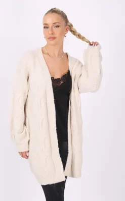 Wholesale 👍 Pretty Moi Beige Oversized Cable Knit Drop Shoulder Cardigan 🔥