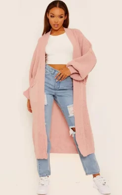 New 🎁 De La Creme Fashions Pink Balloon Sleeve Knitted Open Front Long Cardigan 💯