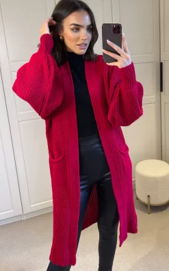Discount ⭐ SIGNAGE Oversized Red Knit Longline Cardigan With Pockets And Balloon Sleeves 😉