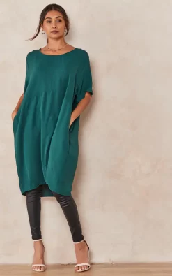 Best reviews of ⭐ HOXTON GAL Oversized Short Slevees Crew Neck Tunic With Pocket Details In Bottle Green 👍