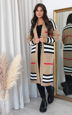 Promo 🔥 IKRUSH Alyssa Long Length Knitted Check Cardigan In Beige 👏