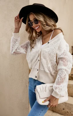 Cheap 😀 FS Collection Floral Lace Knit Cardigan In Beige 💯