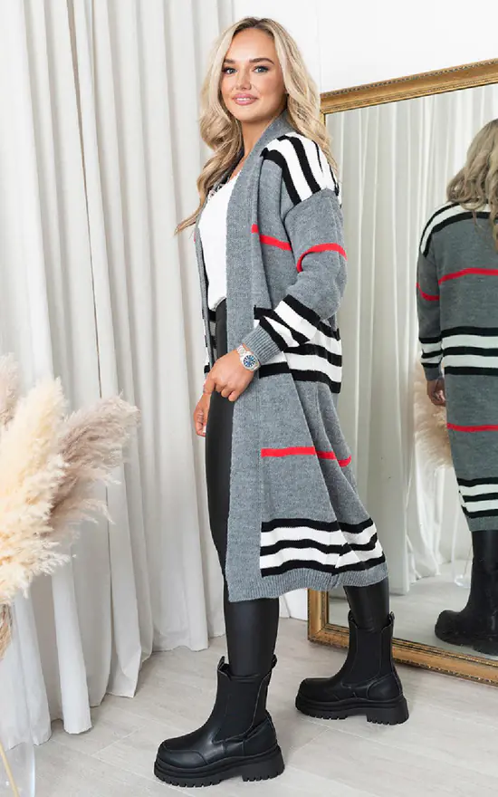 Wholesale ๐ IKRUSH Natalia Long Length Knitted Check Cardigan In Grey ๐คฉ - Image 4