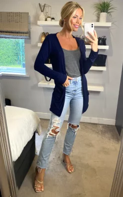 Buy ✔️ Aftershock London Boyfriend Jersey Cardigan With Pockets In Navy 👏