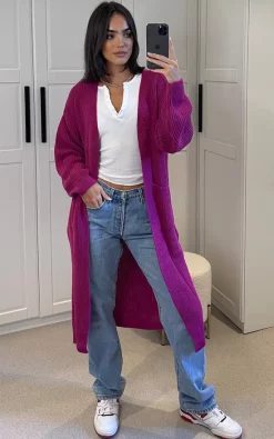Deals 🎉 Aftershock London Knitted Longline Cardigan With Pockets In Purple 🛒
