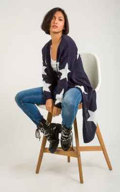 Promo 💯 KRISP Star Pattern Navy Longline Open Cardigan 🛒