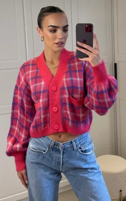 Budget 😍 Liquorish Check V Neck Button Down Cardigan In Pink 🧨